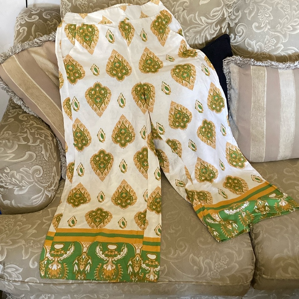 Haute Hippie Green and Cream Wide Leg Pants